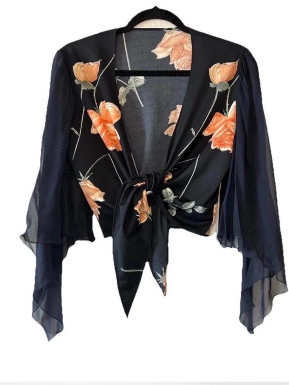 VTG Y2K Sheer Floral Tie Front Blouse Fairycore Goth Bell Sleeve Top S/M
